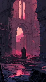 Ruined cathedral drinks twilight as the pilgrim claims silence