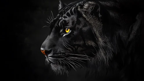 Black tiger profile with intense yellow eye on black field.