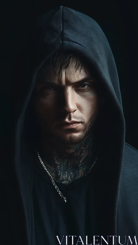 Hooded male portrait with tattoos in low key lighting.