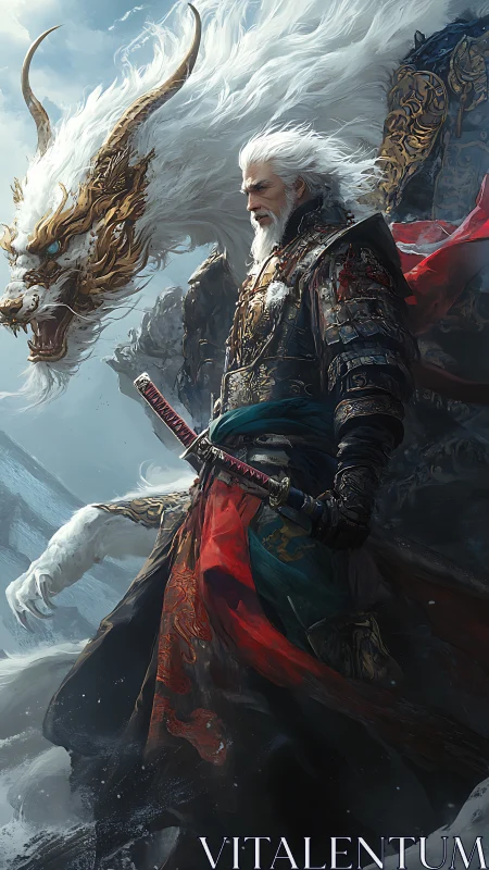 Armored elder swordsman with spectral dragon rendered in dynamic detail