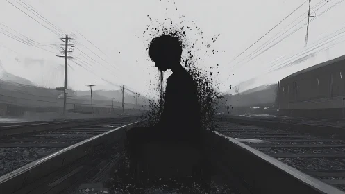 Silhouetted figure dissolves into particles at desolate tracks
