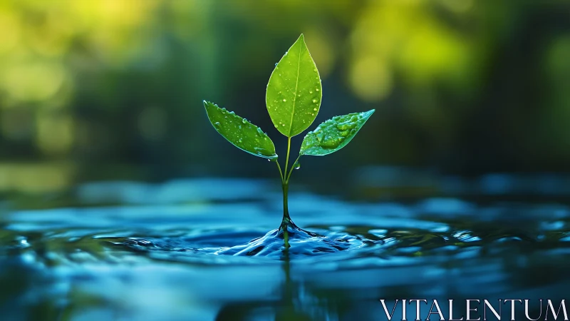 Sprouting leaf trio rises from luminous rippling water.