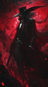 Gun-wielding vampiric silhouette strides through infernal red vortex