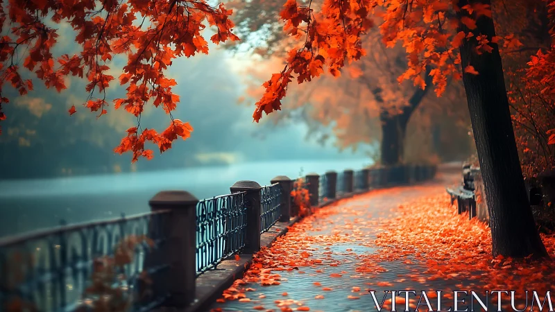 Riverside walkway covered in vivid red autumn leaves.