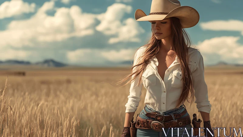 Sunlit cowgirl pauses thoughtfully in a wide open prairie field