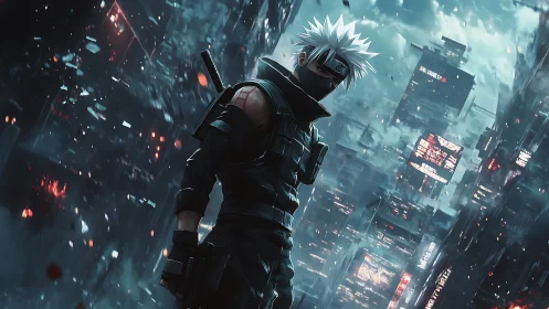 Masked cybernetic operative in neon-saturated storm cityscape.