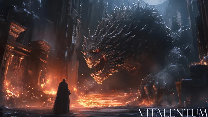 Lone hero stands before a colossal, firelit dragon guardian.
