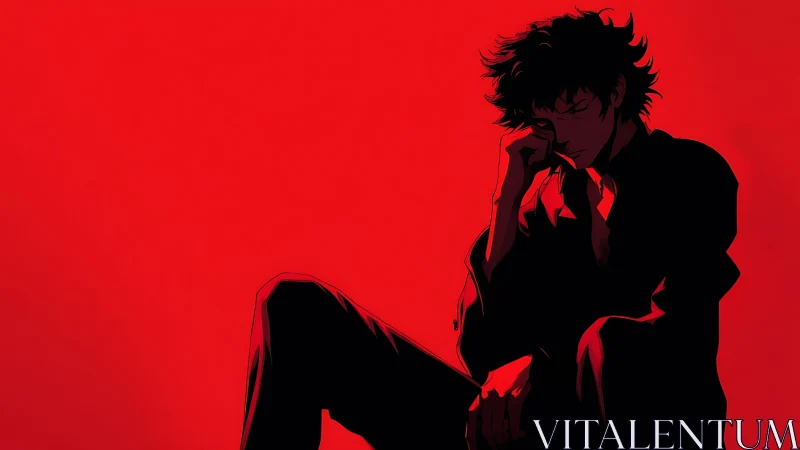 Solitary anime figure in stark red minimalist shadow field.