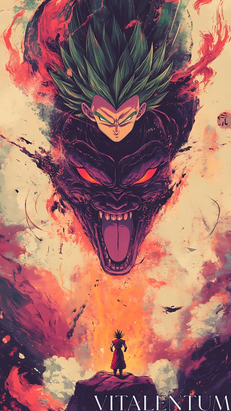 Saiyan warrior confronts colossal fiery demonic visage.