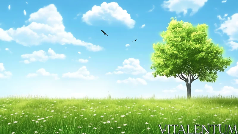 Lone spring tree under vivid blue sky with drifting clouds.