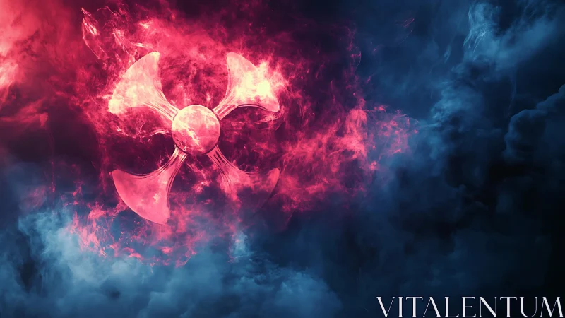 Radiant radioactive symbol in crimson nebula cloudscape.