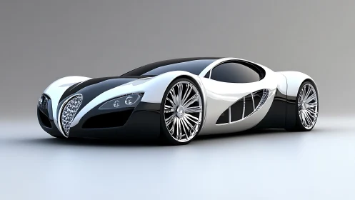 Futuristic black and white concept supercar with chrome detailing.