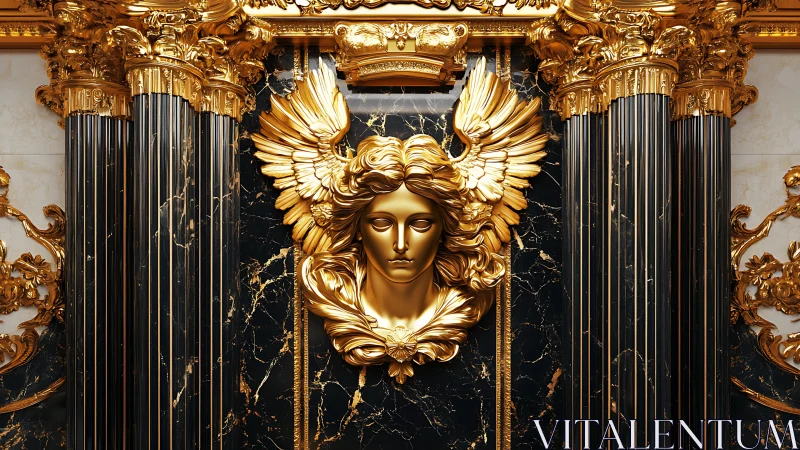 Gilded winged bust framed by baroque columns on black marble