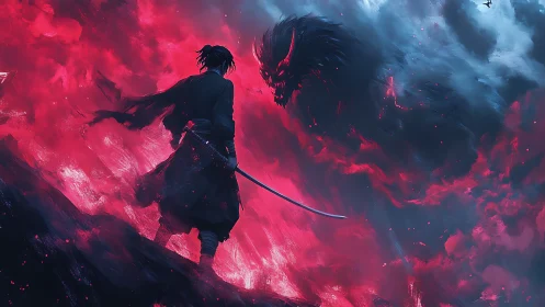 Ronin silhouette facing red demon in stormy clouds.