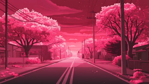 Neon pink suburban avenue under stylized electric canopy.