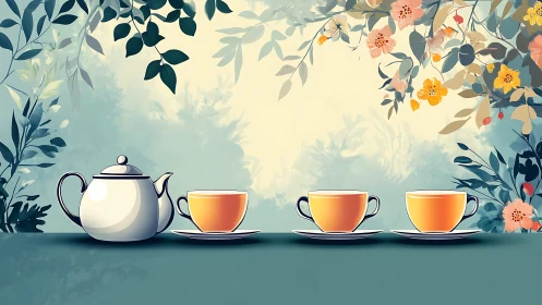 Porcelain teapot with three teacups on floral garden table