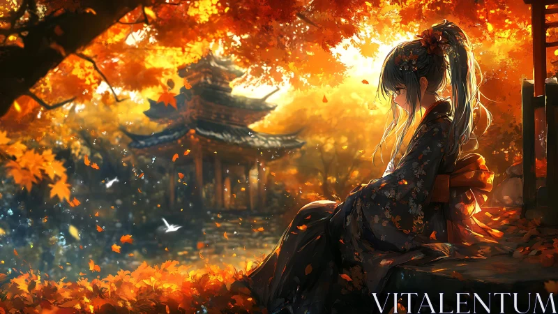 Melancholic kimono girl rests under blazing autumn canopy