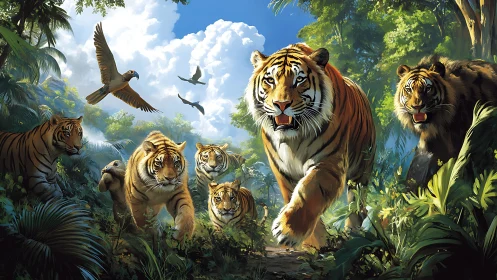Tiger Family Prowls Through Jungle Paradise at Dawn