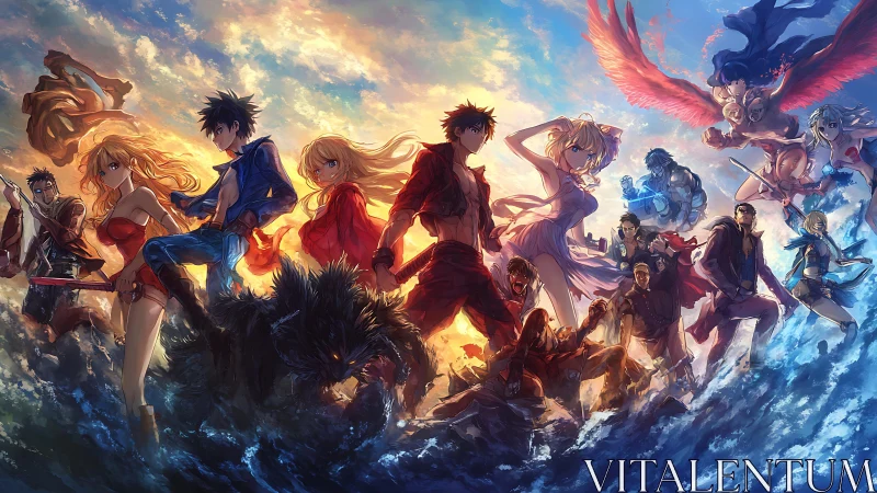 Heroic anime team gathers in a glowing sky battle scene.