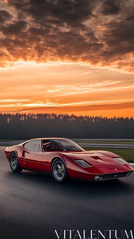 Red classic sports coupe on track under layered sunset sky.