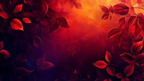 Red autumn leaves against vivid orange and purple light.