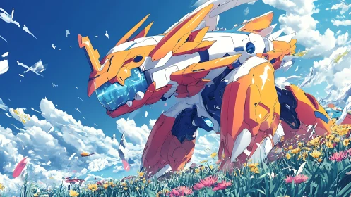 Orange and white quadruped mecha crosses flowered grassland