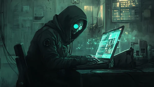Hooded cyber hacker coding at glowing laptop in dark room.