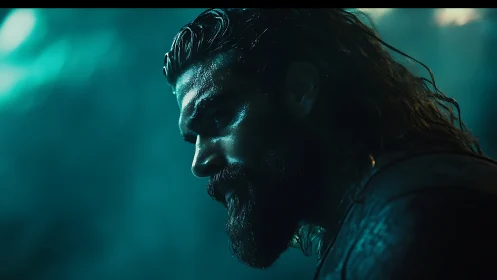 Moody side profile of wet bearded man in teal light.