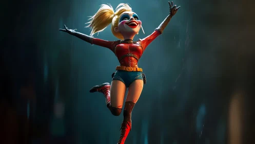 Stylized female jester figure in midair pose at night.