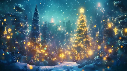 Enchanted winter forest crowned with shimmering starlit trees.