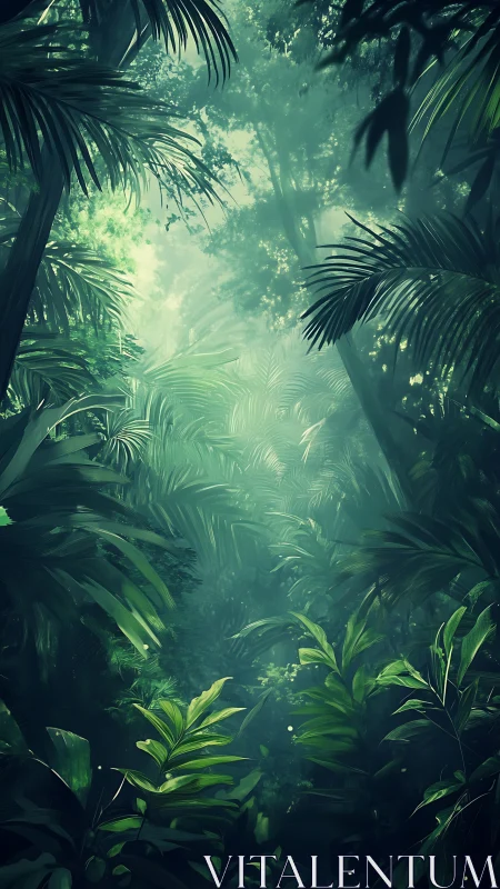Verdant Forest Canopy: Upward Perspective Through Luminous Tropical Foliage