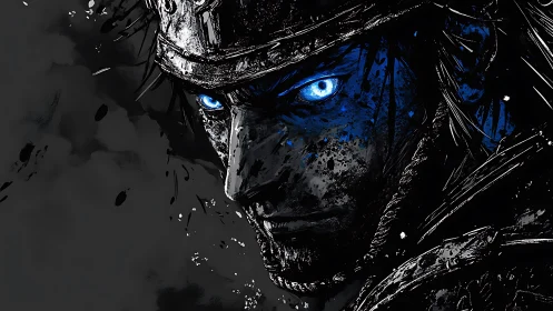 Warrior’s glowing blue eyes cut through ink-dark shadows.