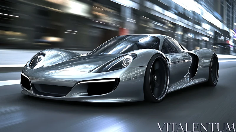 Futuristic silver hypercar racing through illuminated city streets.