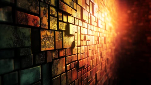 Abstract metallic wall with glowing orange light, digital art style.