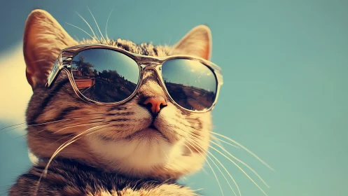 Cat Wearing Sunglasses Against Turquoise Sky