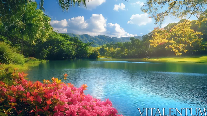 Tropical lake landscape under bright summer daylight.