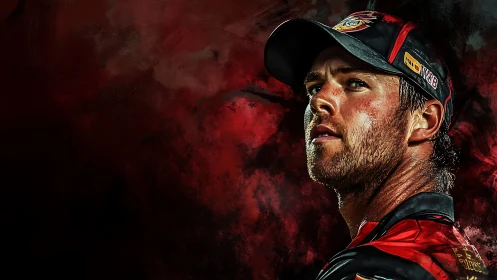 Digital portrait of focused athlete on abstract red ground.