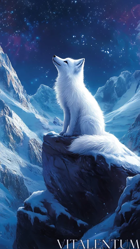 Luminous white fox gazes at a starlit winter cosmos.