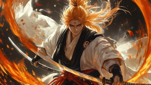 Samurai swordsman holds dual katanas amid circular flames