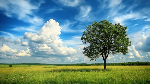 Lone green tree resting peacefully under a wide summer sky.