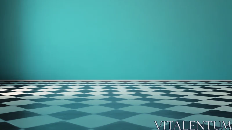 Calm teal room with playful checkerboard floor perspective.