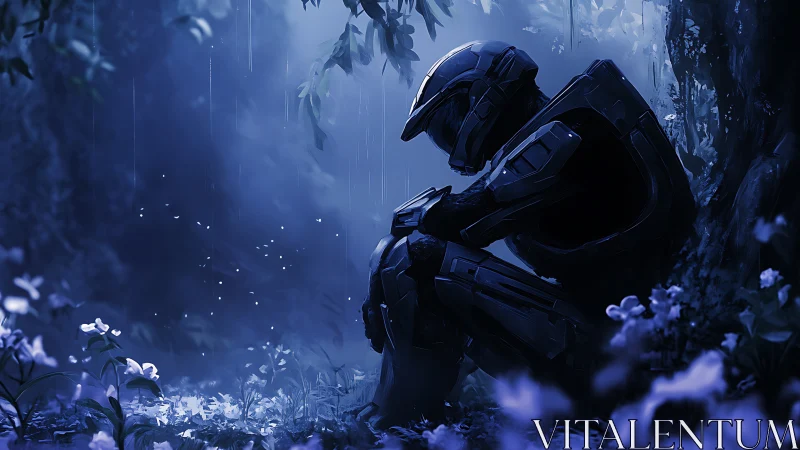 Armored soldier sits alone in dim blue forest clearing