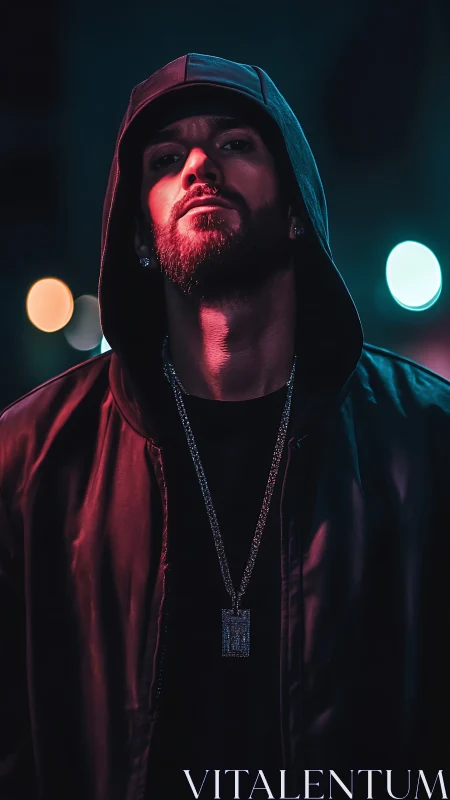 Neon-lit hooded stranger owns the midnight city glow