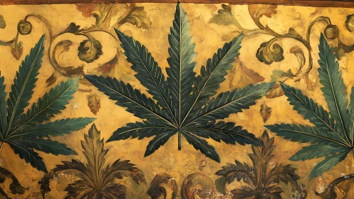 Ornamental cannabis leaf fresco on gilded architectural frieze.