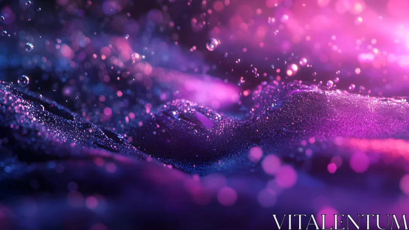Abstract macro of water droplets on surface with neon pink and purple lighting.