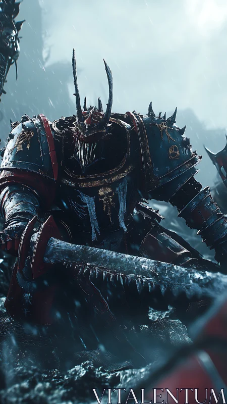 Demonic warlord in spiked power armor under storm rain.