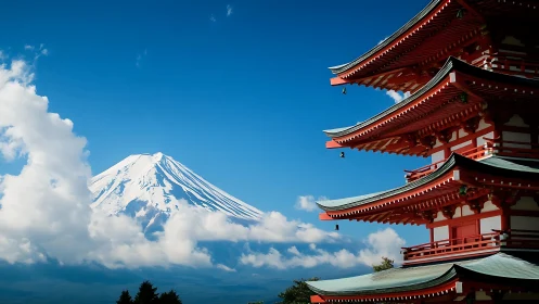 Photographic study of tiered pagoda and distant snow peak.