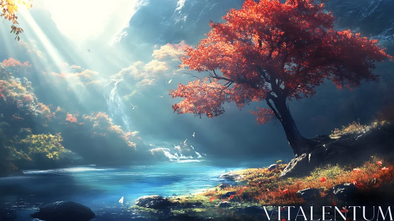 Autumn tree glows over tranquil blue lake and hidden falls.