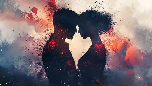 Silhouetted Double Profile Embracing with Explosively Dispersed Chromatic Abstraction
