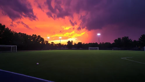 Empty soccer field under vivid sunset sky and stadium lights.
